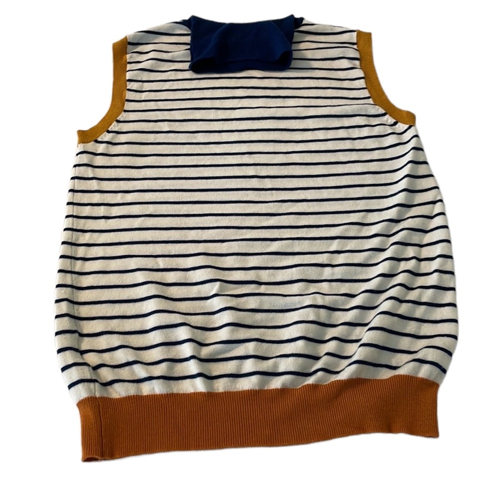 ModCloth women size medium sleeveless turtleneck, cream, navy strips, gold trim